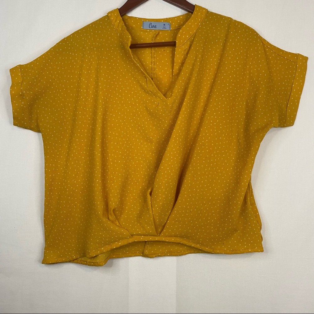 CURE Mustard Yellow White Polka Dot Retro Blouse Gathered Waist Size Medium